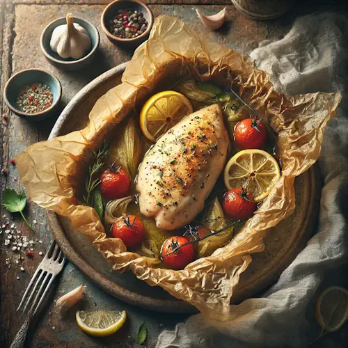 Poulet en papillote baked chicken with lemon and herbs on a rustic wooden table