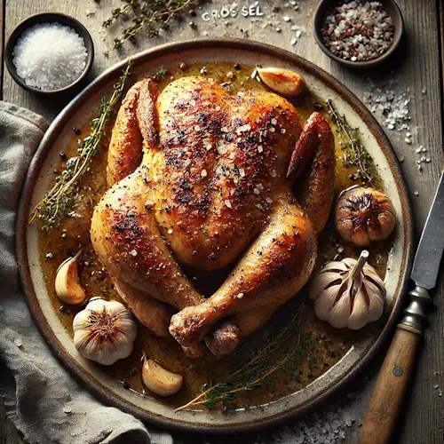 Poulet gros sel roasted chicken with coarse sea salt on a rustic wooden table