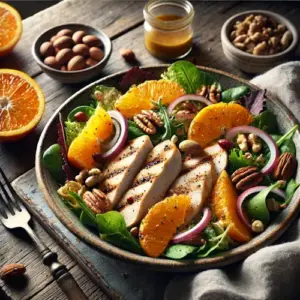 Salade met kip, sinaasappel en noten op rustieke houten tafel