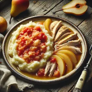 Tomaten-Aardappelpuree met Kip en Gestoofde Peer op rustieke houten tafel