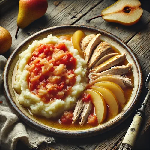 Tomaten-Aardappelpuree met Kip en Gestoofde Peer op rustieke houten tafel