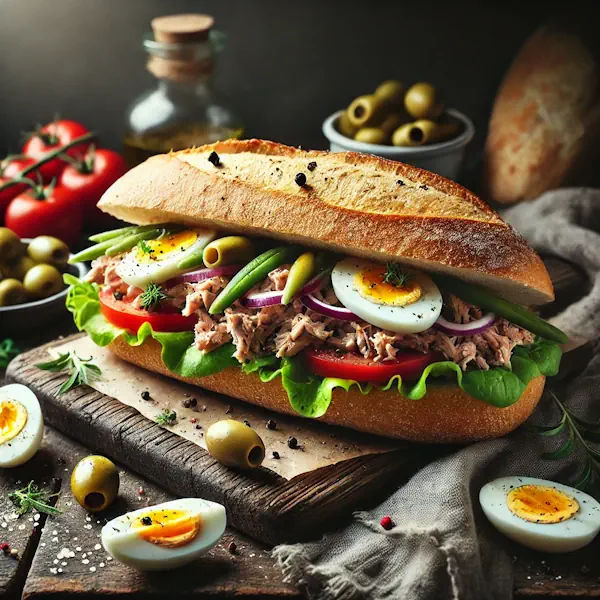 Een rustieke foodfoto van een baguette gevuld met tonijnsalade, ei, tomaat, rode ui, olijven, sperziebonen en sla, geserveerd op een donkere houten tafel in Franse Pan Bagnat-stijl.