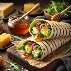 Een rustieke foodfoto van wraps gevuld met geitenkaas, honing, rucola en rode ui, gehalveerd en geserveerd op een houten tafel, omringd door honingraat en verse ingrediënten.