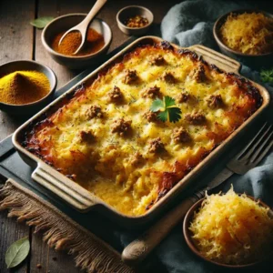 Een rustieke foodfoto van een ovenschotel met zuurkool, gehakt en kerriesaus, afgetopt met goudbruine aardappelpuree, geserveerd in een ovenschaal op een houten tafel met kruiden en ingrediënten eromheen.