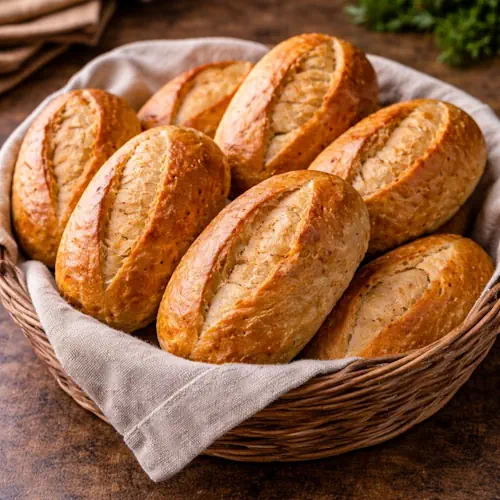 Heerlijke vers gebakken broodjes uit de airfryer met een knapperige korst en zachte binnenkant, geserveerd op een rustieke houten tafel in natuurlijke lichtsetting.