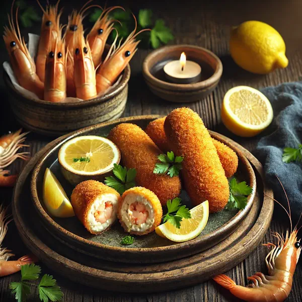 Een rustieke foodfoto van langwerpige garnaalkroketten, goudbruin en krokant, geserveerd op een bord met citroen en peterselie, waarbij één kroket is doorgesneden om de romige garnalenvulling te tonen, op een houten tafel met garnalen eromheen.