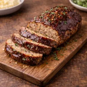 Sappig Amerikaans gehaktbrood bedekt met zoete barbecuesaus, geglaceerd en gesneden op een rustieke houten tafel.
