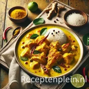 Hyper-realistische foodfoto van Ayam Tuturuga: malse kipstukken in een romige goudgele kokos-kurkumasauce met rode chilipepers en verse groene basilicumblaadjes, geserveerd in een ondiepe keramische schaal op een rustieke houten tafel. De compositie is licht uitgezoomd zodat de houtstructuur duidelijk zichtbaar is. De saus heeft een lichte olieglans en omringt de kip rijkelijk. Rondom staan een kom witte rijst, limoenpartjes, verse kurkumawortel en een linnen doek, verlicht met warm natuurlijk daglicht voor een frisse tropische premium food magazine uitstraling.