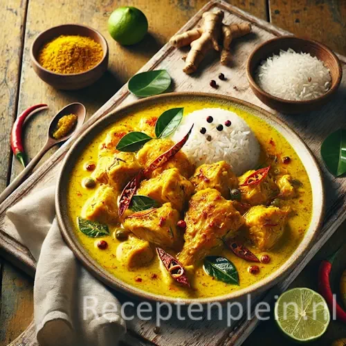 Hyper-realistische foodfoto van Ayam Tuturuga: malse kipstukken in een romige goudgele kokos-kurkumasauce met rode chilipepers en verse groene basilicumblaadjes, geserveerd in een ondiepe keramische schaal op een rustieke houten tafel. De compositie is licht uitgezoomd zodat de houtstructuur duidelijk zichtbaar is. De saus heeft een lichte olieglans en omringt de kip rijkelijk. Rondom staan een kom witte rijst, limoenpartjes, verse kurkumawortel en een linnen doek, verlicht met warm natuurlijk daglicht voor een frisse tropische premium food magazine uitstraling.