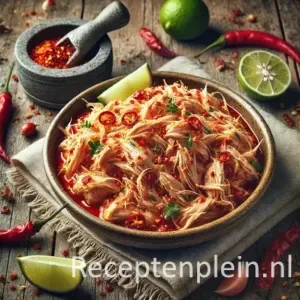 Natuurgetrouwe foodfoto van ayam setan van koude kip geserveerd in een ondiepe keramische kom op een rustieke houten tafel. Fijngescheurde koude kip is gemengd met een grove, felrode sambal met zichtbare chiliringetjes, vlokken en verse kruiden. Partjes limoen, hele rode pepers en een stenen vijzel met extra sambal liggen rondom de kom. Gefotografeerd in helder natuurlijk daglicht met subtiele chilizaadjes en lichte sambalvlekken op tafel voor een authentieke, huiselijke streetfood-uitstraling.