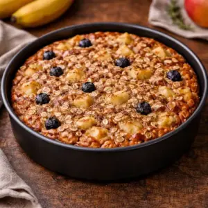 Goudbruin gebakken ontbijttaartje van banaan, appel en havermout, geserveerd op een wit bord op een rustieke houten tafel.