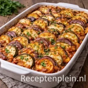 Briam vegetarische ovenschotel op een rustieke houten tafel.