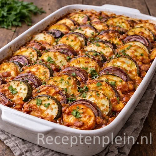 Briam vegetarische ovenschotel op een rustieke houten tafel.