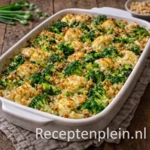 Broccoli en bloemkool ovenschotel met kaaskorst op een rustieke houten tafel.