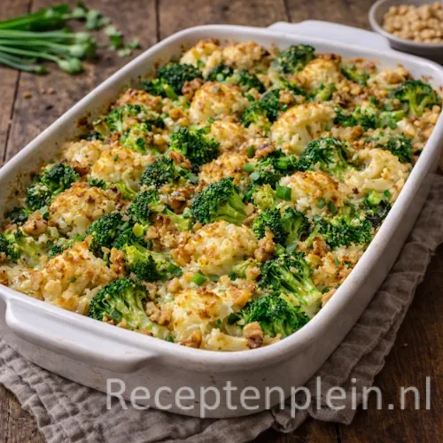 Broccoli en bloemkool ovenschotel met kaaskorst op een rustieke houten tafel.