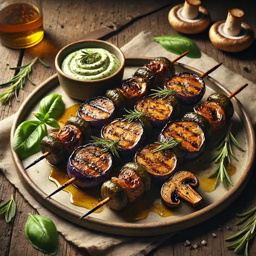 Champignon auberginespies van de barbecue op rustieke houten tafel