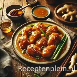 Hyperrealistische foodfoto van malse stukjes kip in een glanzende goudbruine honing-gembersaus, gegarneerd met lente-ui en sesamzaad, geserveerd op een rustiek keramisch bord op een houten tafel. Op de achtergrond liggen verse gemberwortel, een schaaltje honing met honingdipper, eetstokjes en een linnen servet in warm natuurlijk daglicht met zachte schaduwen.
