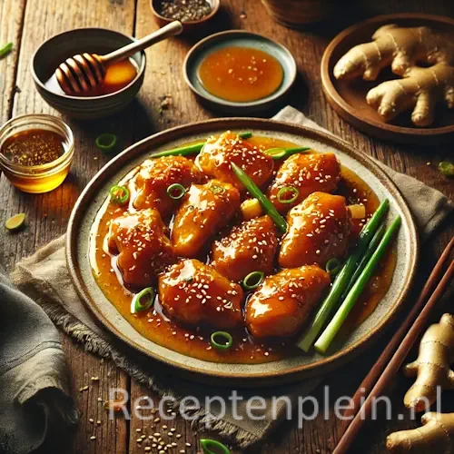 Hyperrealistische foodfoto van malse stukjes kip in een glanzende goudbruine honing-gembersaus, gegarneerd met lente-ui en sesamzaad, geserveerd op een rustiek keramisch bord op een houten tafel. Op de achtergrond liggen verse gemberwortel, een schaaltje honing met honingdipper, eetstokjes en een linnen servet in warm natuurlijk daglicht met zachte schaduwen.