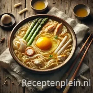 Natuurgetrouwe foodfoto van Chinese kippensoep in een diepe, donker keramische kom op een rustieke houten tafel. De goudkleurige bouillon bevat los verdeelde reepjes kip, witte aspergestukken, fijne plukjes krab, bamboescheuten, shiitake en zachte ei-slierten die natuurlijk door de soep zweven. De rand van de kom heeft lichte druppels voor een realistisch effect. Houten eetstokjes liggen diagonaal naast een gekreukte linnen doek, zacht belicht door natuurlijk zijlicht met warme, ingetogen tinten.