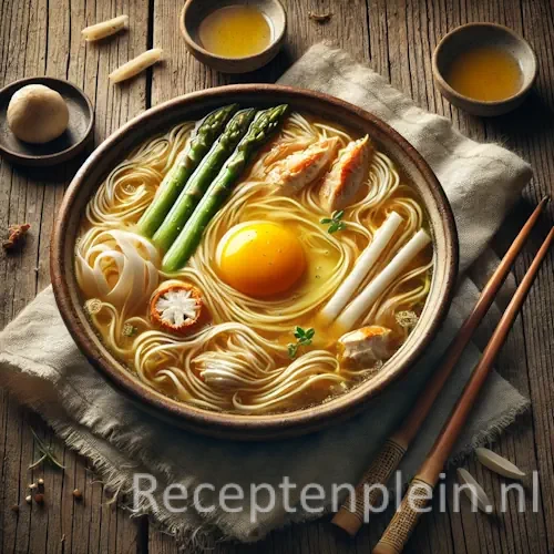 Natuurgetrouwe foodfoto van Chinese kippensoep in een diepe, donker keramische kom op een rustieke houten tafel. De goudkleurige bouillon bevat los verdeelde reepjes kip, witte aspergestukken, fijne plukjes krab, bamboescheuten, shiitake en zachte ei-slierten die natuurlijk door de soep zweven. De rand van de kom heeft lichte druppels voor een realistisch effect. Houten eetstokjes liggen diagonaal naast een gekreukte linnen doek, zacht belicht door natuurlijk zijlicht met warme, ingetogen tinten.