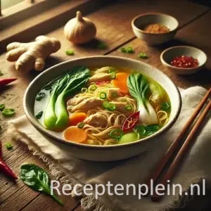 Hyper-realistische foodfoto van Chinese kippensoep in een diepe keramische kom met heldere goudkleurige bouillon, malse reepjes kip, noedels, paksoi, wortelschijfjes, lente-ui en rode peper. De kom staat licht uitgezoomd op een rustieke houten tafel met verse gember, rode peper, houten lepel met specerijen, eetstokjes en een linnen servet, sfeervol verlicht met warm natuurlijk raamlicht voor een premium foodmagazine uitstraling.