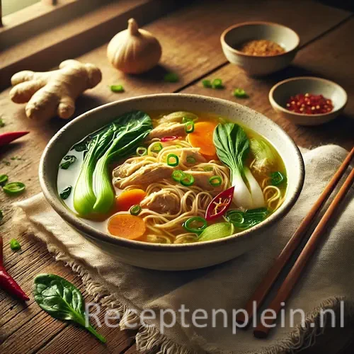 Hyper-realistische foodfoto van Chinese kippensoep in een diepe keramische kom met heldere goudkleurige bouillon, malse reepjes kip, noedels, paksoi, wortelschijfjes, lente-ui en rode peper. De kom staat licht uitgezoomd op een rustieke houten tafel met verse gember, rode peper, houten lepel met specerijen, eetstokjes en een linnen servet, sfeervol verlicht met warm natuurlijk raamlicht voor een premium foodmagazine uitstraling.