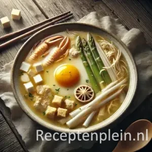 Natuurgetrouwe foodfoto van Chinese kippensoep in een lichte keramische kom op een rustieke houten tafel. De heldere goudkleurige bouillon bevat reepjes kip, dun gesneden witte asperge, zachte ei-slierten, blokjes tofu, plukjes krab en enkele shiitakeplakjes, los en onregelmatig verdeeld. De rand van de kom heeft lichte druppels voor een realistisch effect. Houten eetstokjes en een Chinese soeplepel liggen naast een gekreukte linnen doek, zacht belicht door natuurlijk raamlicht in warme, ingetogen tinten.