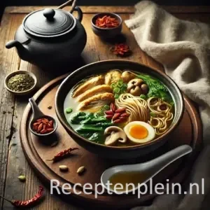 Hyperrealistische foodfoto van Chinese kippensoep in een donkere aardewerken kom op een ronde houten plank, geplaatst op een rustieke houten tafel en licht uitgezoomd zodat het tafelblad zichtbaar is. De goudkleurige bouillon bevat stukken kip, Chinese kool, paddenstoelen, noedels en gojibessen, gegarneerd met lente-ui en een vleugje sesamolie. Op de achtergrond staan een gietijzeren theepot, gedroogde chilipepers en een linnen doek in warm, sfeervol natuurlijk zijlicht met een premium foodmagazine uitstraling.