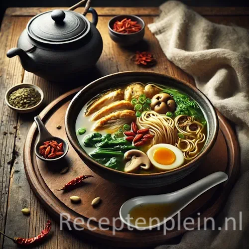 Hyperrealistische foodfoto van Chinese kippensoep in een donkere aardewerken kom op een ronde houten plank, geplaatst op een rustieke houten tafel en licht uitgezoomd zodat het tafelblad zichtbaar is. De goudkleurige bouillon bevat stukken kip, Chinese kool, paddenstoelen, noedels en gojibessen, gegarneerd met lente-ui en een vleugje sesamolie. Op de achtergrond staan een gietijzeren theepot, gedroogde chilipepers en een linnen doek in warm, sfeervol natuurlijk zijlicht met een premium foodmagazine uitstraling.