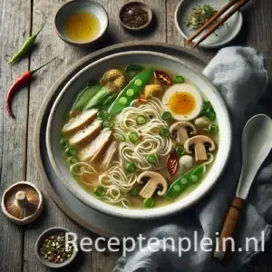 Hyperrealistische foodfoto van Chinese kippensoep in een witte porseleinen kom op een rustieke houten tafel, licht uitgezoomd zodat het tafelblad rondom zichtbaar is. De heldere lichtgouden bouillon bevat kipreepjes, glasnoedels, shiitake, peultjes, lente-ui en druppels chiliolie. Naast de kom liggen eetstokjes, een keramische lepel, verse kruiden en een linnen doek, gefotografeerd in zacht natuurlijk daglicht met een frisse premium foodmagazine uitstraling.