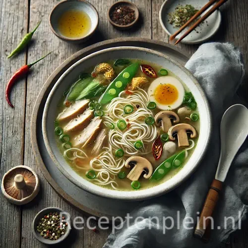 Hyperrealistische foodfoto van Chinese kippensoep in een witte porseleinen kom op een rustieke houten tafel, licht uitgezoomd zodat het tafelblad rondom zichtbaar is. De heldere lichtgouden bouillon bevat kipreepjes, glasnoedels, shiitake, peultjes, lente-ui en druppels chiliolie. Naast de kom liggen eetstokjes, een keramische lepel, verse kruiden en een linnen doek, gefotografeerd in zacht natuurlijk daglicht met een frisse premium foodmagazine uitstraling.