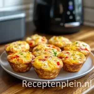 Luchtige ei muffins gemaakt met ei, melk, kipfilet, ui en babyspinazie, goudbruin gebakken in silicone vormpjes en geserveerd op een rustieke houten tafel.
