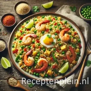Feestelijke gebakken rijst met groenten en ei in wok op rustieke houten tafel
