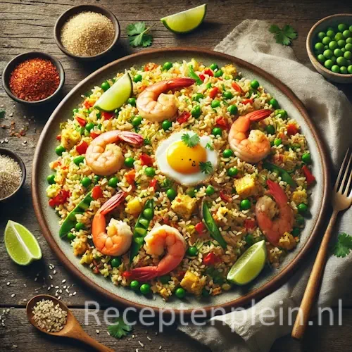 Feestelijke gebakken rijst met groenten en ei in wok op rustieke houten tafel