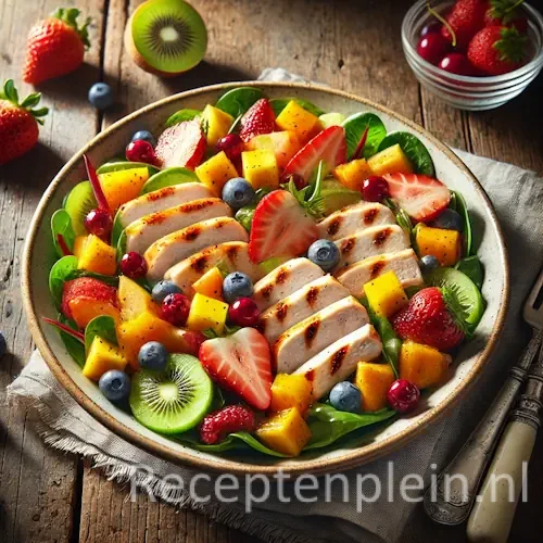 fruitsalade met kipfilet op rustieke houten tafel met vers fruit