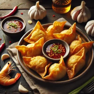Een rustieke foodfoto van goudbruin gebakken pangsit gevuld met varkensgehakt en garnalen, geserveerd op een bord met chilidipsaus, op een houten tafel met verse garnalen, knoflook en lente-ui eromheen.