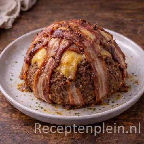 Een hele bloemkool uit de airfryer bekleed met een goudbruine laag rundergehakt, gesmolten jonge kaas en krokant gebakken ontbijtspek vastgezet met houten prikkertjes.
