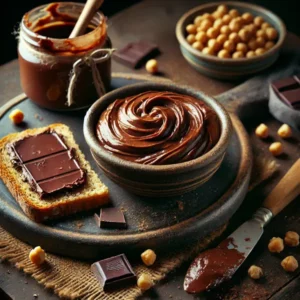 Een rustieke foodfoto van een kom gezonde chocoladepasta gemaakt van kikkererwten, romig en donkerbruin, met volkorenbrood besmeerd ernaast, omringd door kikkererwten, stukjes pure chocolade en een vleugje honing.