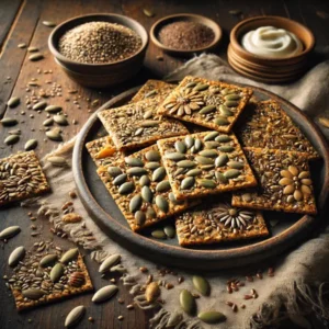 Een rustieke foodfoto van dunne krokante zadencrackers met zonnebloempitten, pompoenpitten, sesam en lijnzaad, geserveerd op een bord met een kommetje dip, op een houten tafel met losse zaden eromheen.