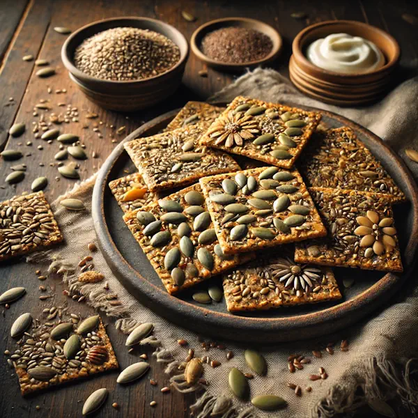 Een rustieke foodfoto van dunne krokante zadencrackers met zonnebloempitten, pompoenpitten, sesam en lijnzaad, geserveerd op een bord met een kommetje dip, op een houten tafel met losse zaden eromheen.