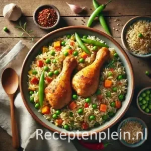 Groente-rijst met drumsticks op rustieke houten tafel