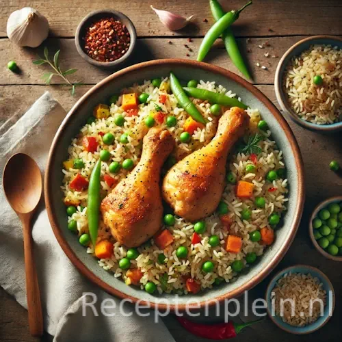 Groente-rijst met drumsticks op rustieke houten tafel