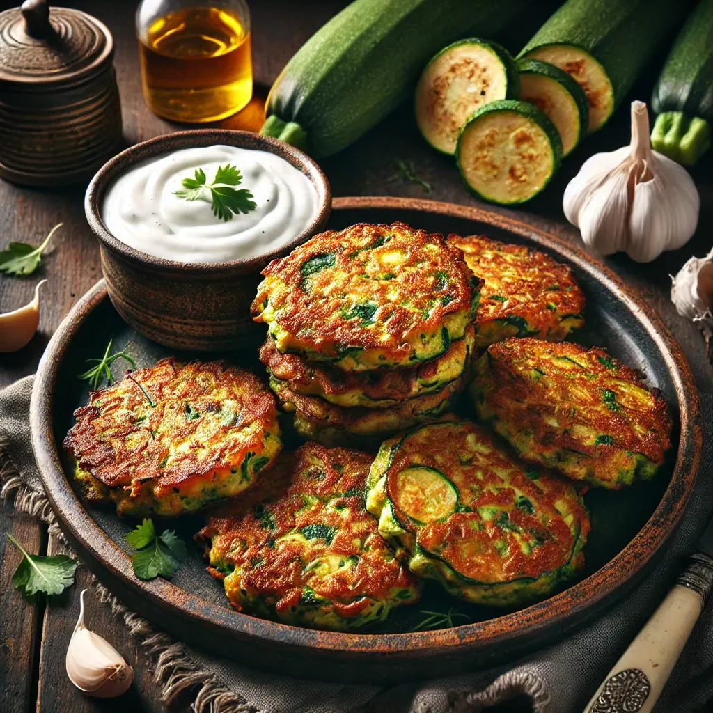 Een rustieke foodfoto van goudbruine courgettekoekjes geserveerd op een bord met een kommetje yoghurtdip, gegarneerd met kruiden, op een houten tafel met courgette, knoflook en citroen eromheen.