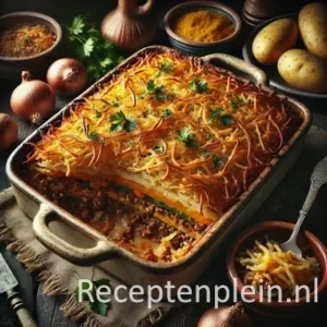 Een rustieke foodfoto van een ovenschotel met lagen gekruid gehakt en groenten, afgedekt met een goudbruine krokante rösti, geserveerd in een ovenschaal op een houten tafel met aardappelen, uien en peterselie eromheen.