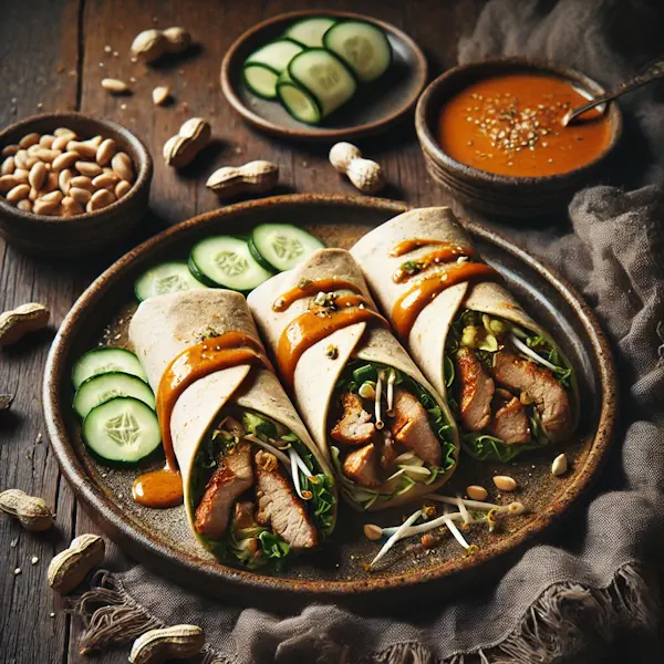 Een rustieke foodfoto van wraps gevuld met plakjes varkensrollade, komkommer, taugé en sla, overgoten met satésaus, geserveerd op een bord op een houten tafel met pinda’s en een kommetje saus ernaast.