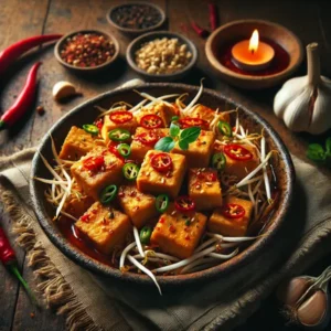 Een rustieke foodfoto van gebakken tahoeblokjes in pittige sambalsaus met taugé en rode peper, geserveerd in een kom op een houten tafel met knoflook, lombok en rauwe tofu eromheen.