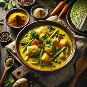 Een rustieke foodfoto van Indonesische sayur kerrie met kokosmelk, een gele groentecurry met sperziebonen, wortel, kool en aardappel, geserveerd in een kom op een houten tafel met kruiden en kokosmelk eromheen.