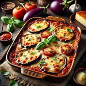 Een rustieke foodfoto van Parmigiana di Melanzane, een Italiaanse ovenschotel met lagen aubergine, tomatensaus, basilicum, mozzarella en Parmezaanse kaas, goudbruin gebakken in een ovenschaal op een houten tafel met verse ingrediënten eromheen.