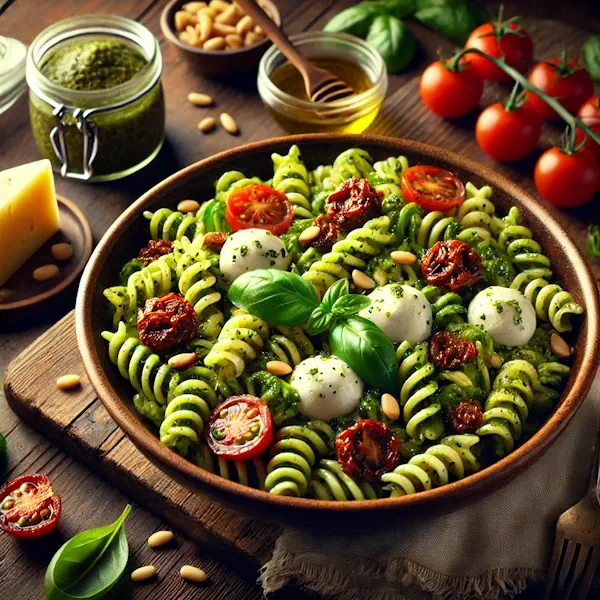 Een rustieke foodfoto van een Italiaanse pastasalade met fusilli, pesto, mozzarella, zongedroogde tomaten, cherrytomaten en verse basilicum, geserveerd in een bruine kom op een houten tafel met pijnboompitten en ingrediƫnten eromheen.