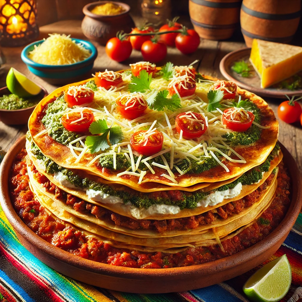 Een Mexicaans geïnspireerde presentatie van een wraptaart, geserveerd in een rustieke aardewerken schaal. De taart bestaat uit goudbruine tortillawraps, gestapeld met gekruid gehakt, tomatensaus, cherrytomaatjes, pesto en ricotta. De bovenkant is bedekt met gesmolten kaas en gegarneerd met verse koriander en partjes limoen. De setting bevat kleurrijke Mexicaanse textielpatronen, een houten tafel en warm sfeervol licht, wat zorgt voor een feestelijke uitstraling. 🌶️🍅✨